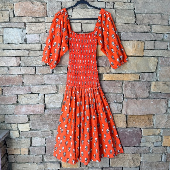 Rhode S Harper Resort Red Floral Smocked Square Neck Puff SleevesMidi Dress - Picture 3 of 13